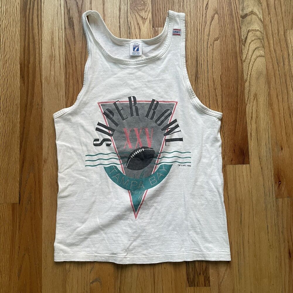 Men's Vintage 80's Logo 7 Super Bowl XXV Tampa Bay Tank Top T Shirt Tee Sz Small